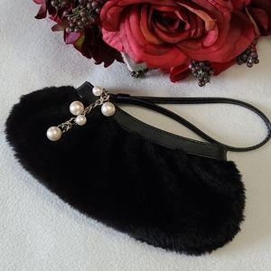 Liz Claiborne Furry Clutch Purse Dangling Pearls Evening Bag Wristlet Faux Fur